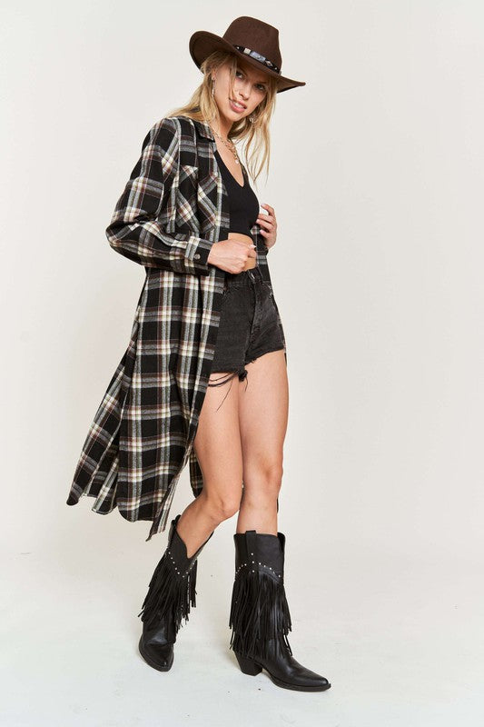 PLAID PRINT COLLAR LONG SHIRT DRESS PLUS Jade By Jane