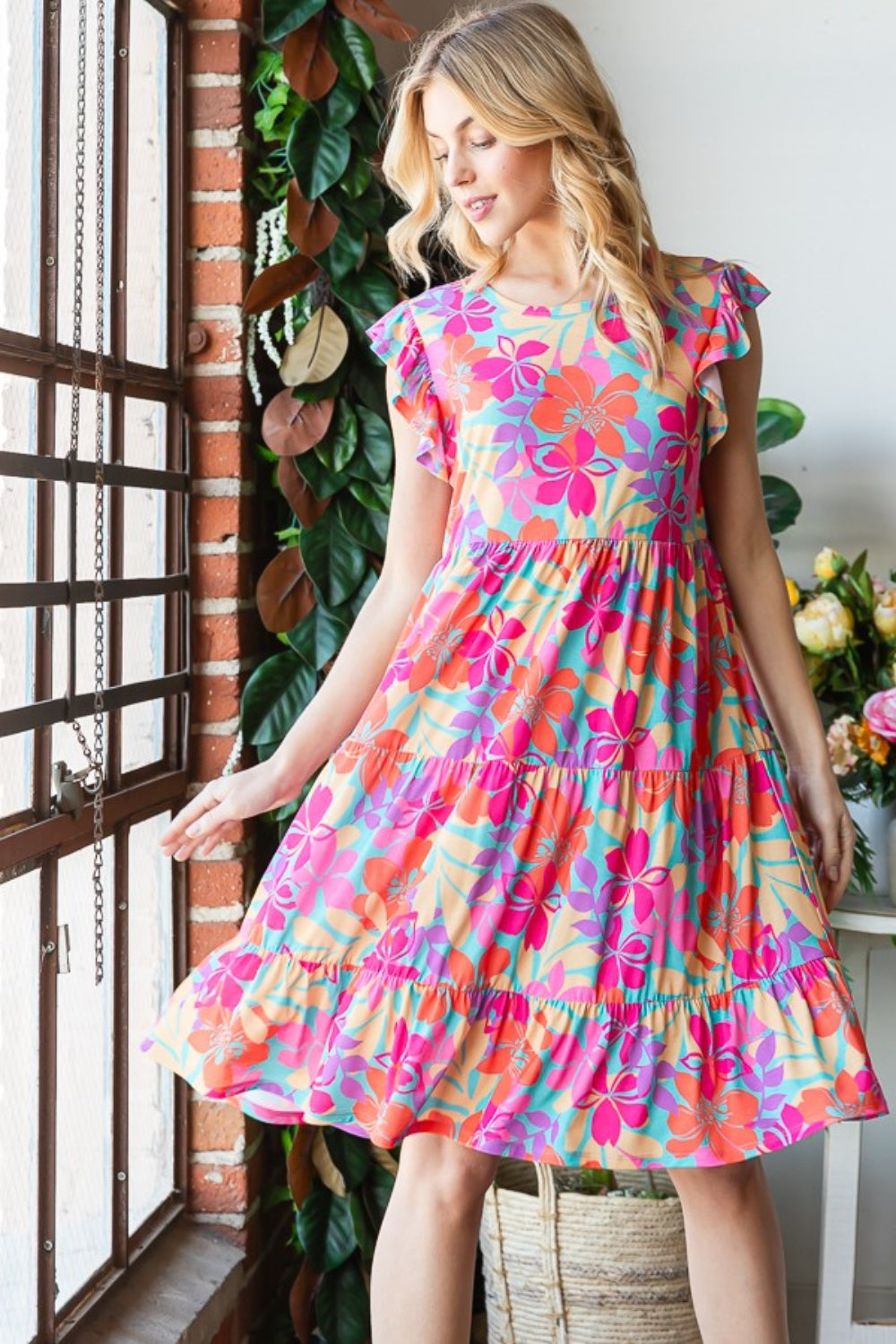 Heimish Full Size Floral Cap Sleeve Tiered Dress Trendsi