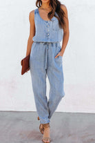 Pocketed Half Button Sleeveless Denim Jumpsuit Trendsi