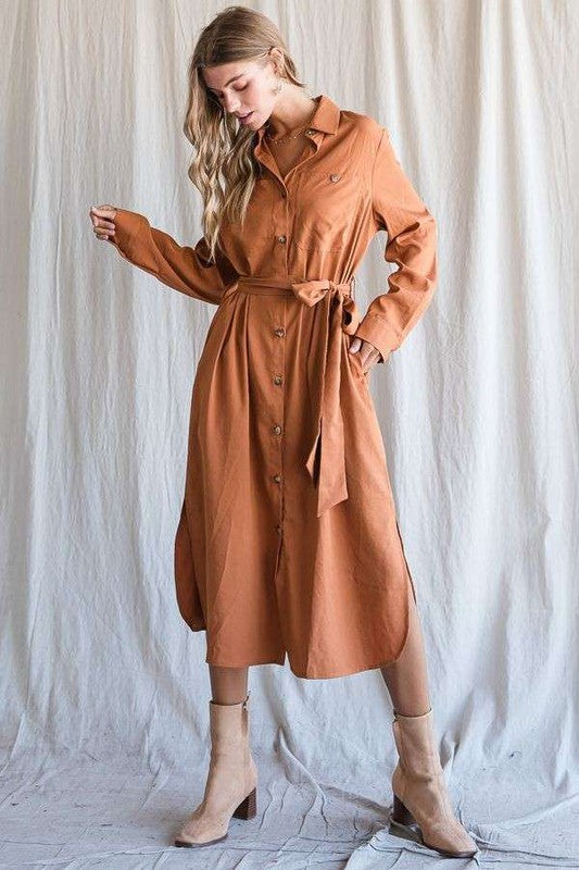 SOLID BUTTON DOWN BELTED LONG DRESS 30-545 Jade By Jane