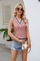 Contrast Eyelet V-Neck Tank Trendsi