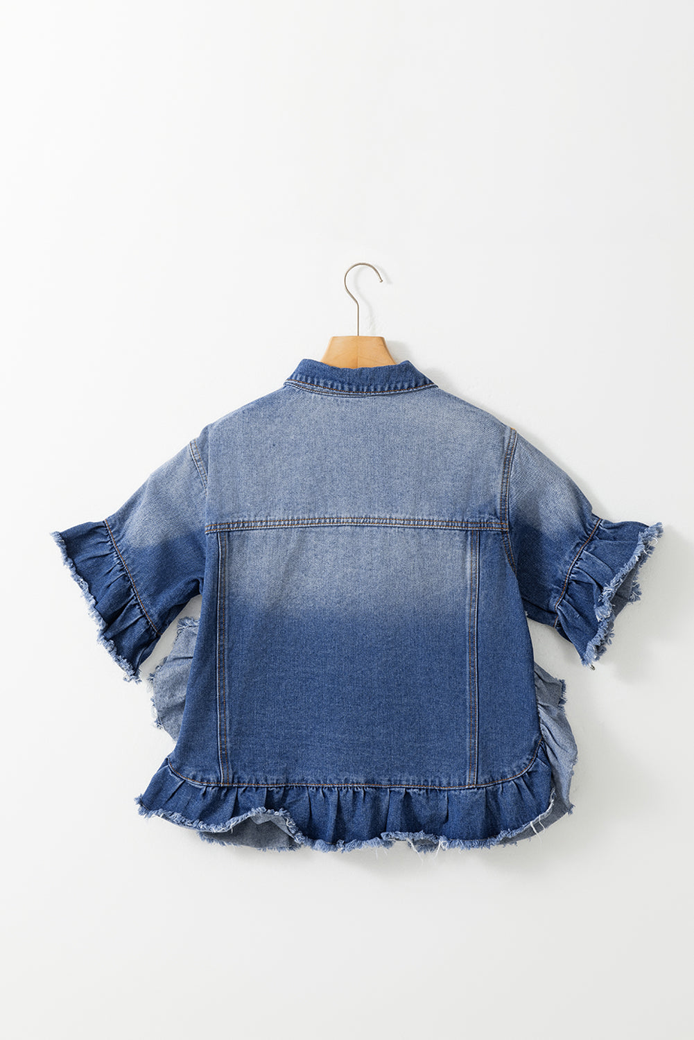 Ruffled Raw Hem Half Sleeve Denim Top Trendsi