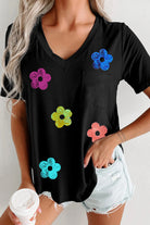 Sequin Flower V-Neck Short Sleeve T-Shirt Trendsi