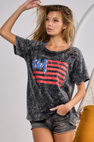 BiBi US Flag Washed Laser Cut T-Shirt Trendsi