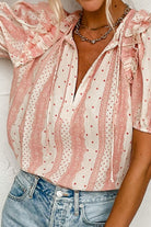 Ruffled Printed Tie Neck Short Sleeve Blouse Trendsi