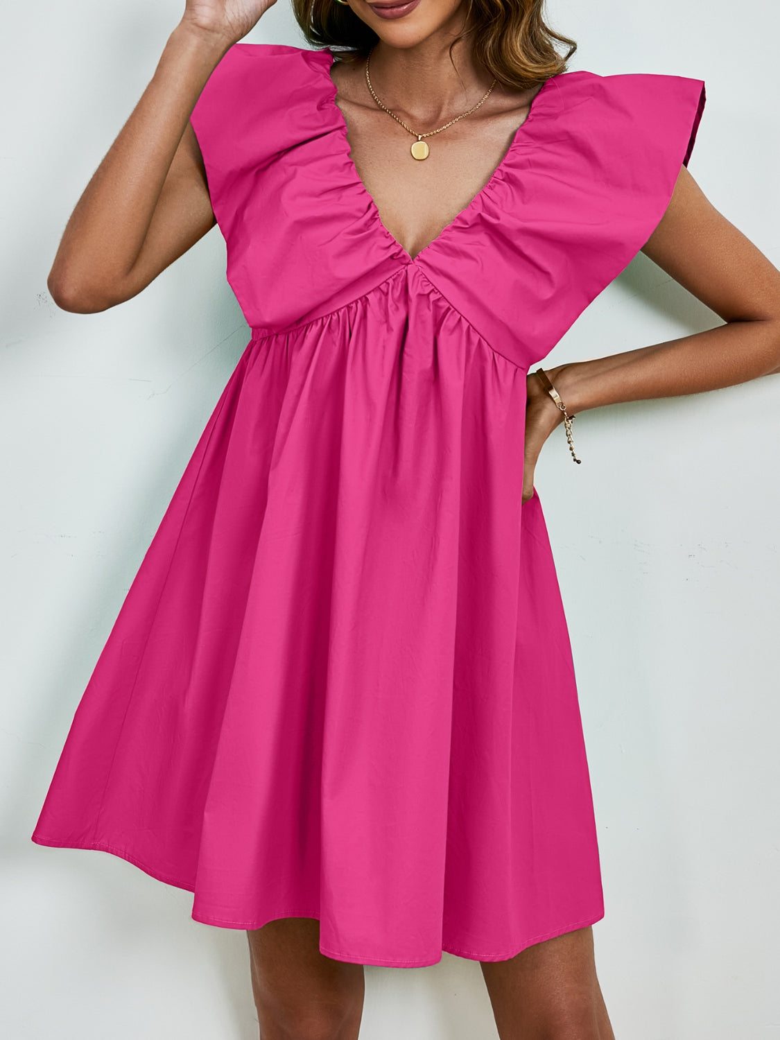 V-Neck Cap Sleeve Mini Dress Trendsi