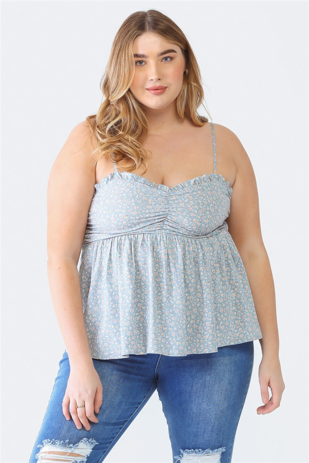 Zenobia Plus Size Frill Smocked Floral Sweetheart Neck Cami Zenobia