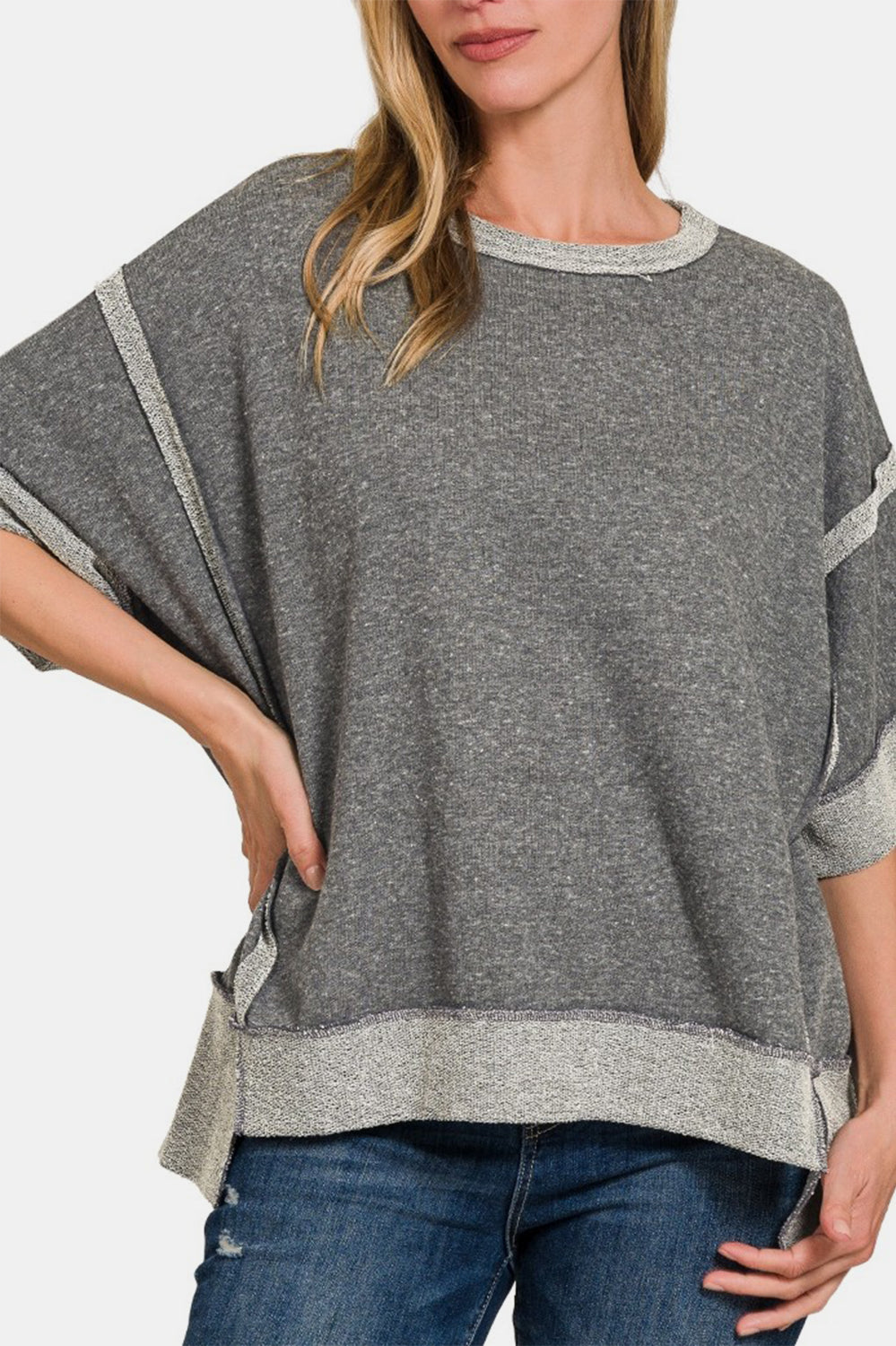 Zenana Contrast Trim Drop Shoulder T-Shirt Trendsi