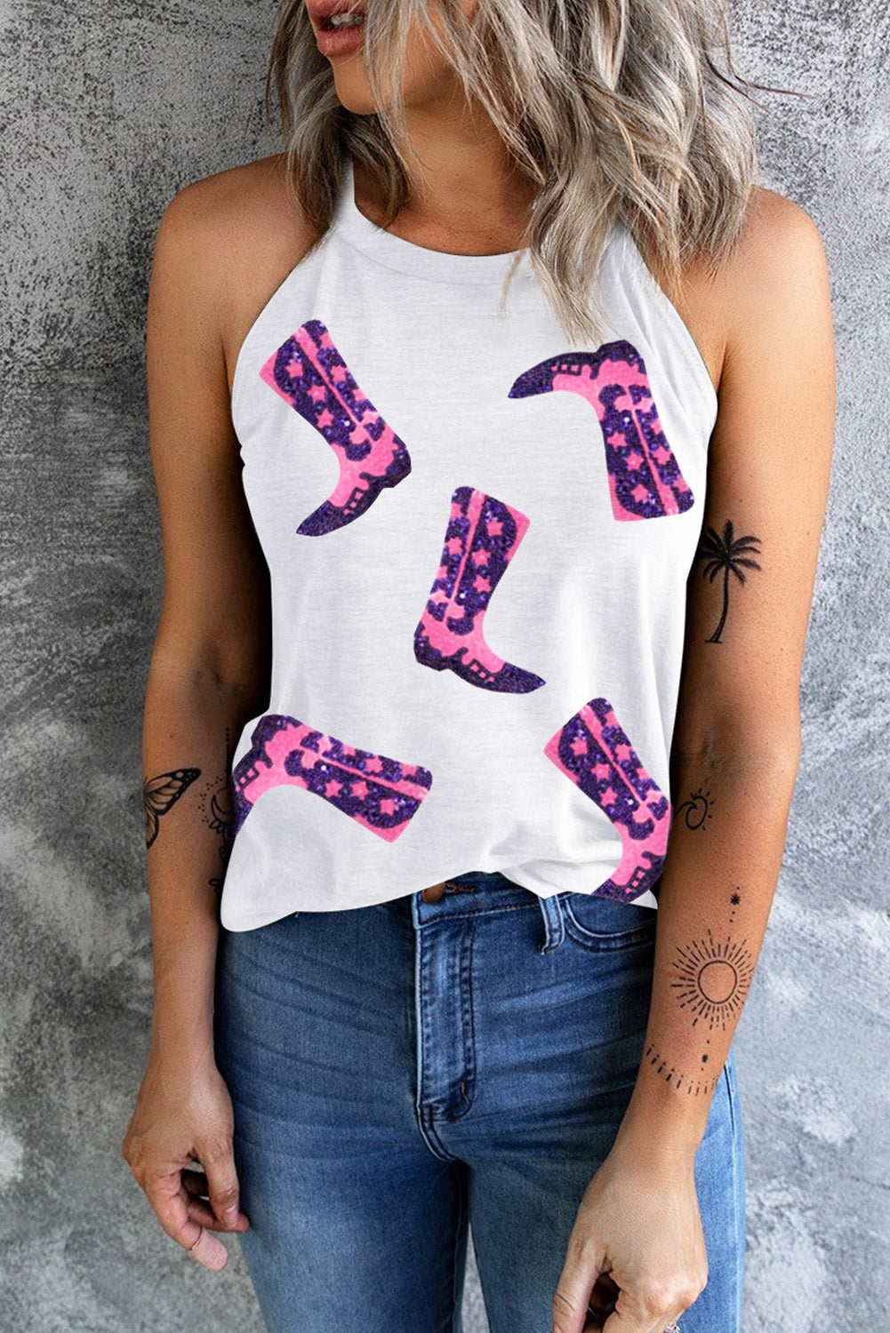 Sequin Boots Print Round Neck Tank Trendsi