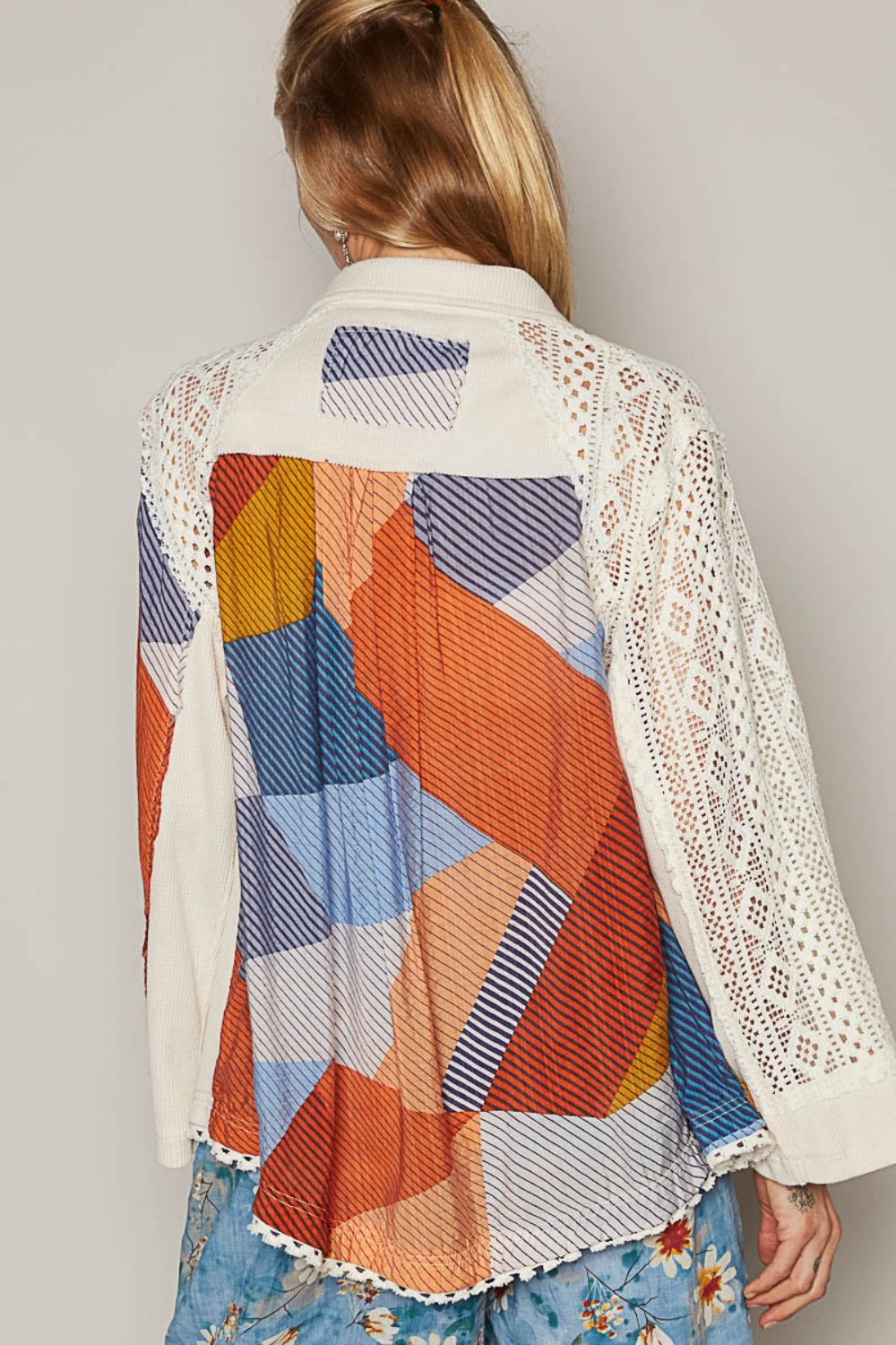 POL Color Block Crochet Long Sleeve Shirt Trendsi