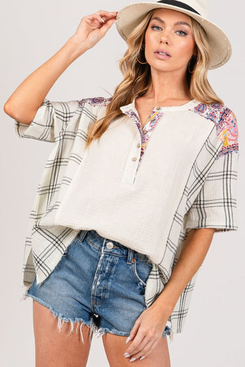 SAGE + FIG Plaid Half Button Gauze Top Trendsi