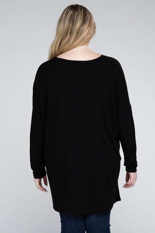 Plus Dolman Sleeve V-Neck Side Slit Hi-Low Hem Top ZENANA