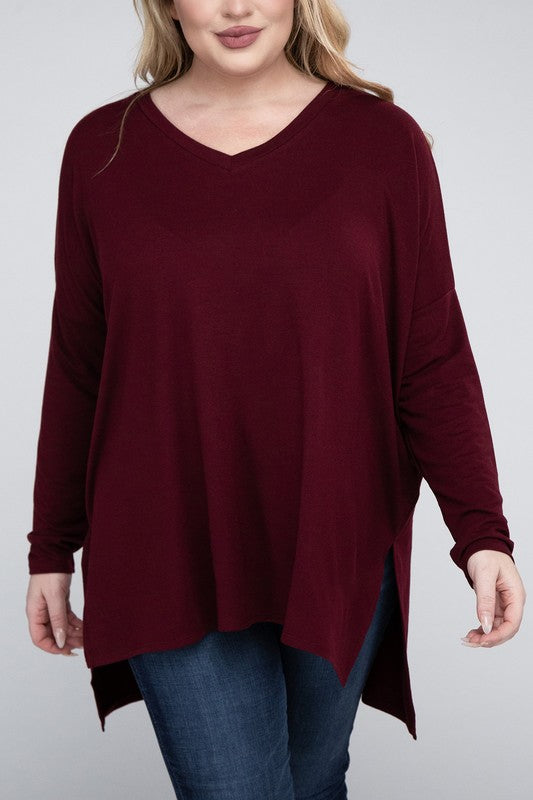 Plus Dolman Sleeve V-Neck Side Slit Hi-Low Hem Top ZENANA