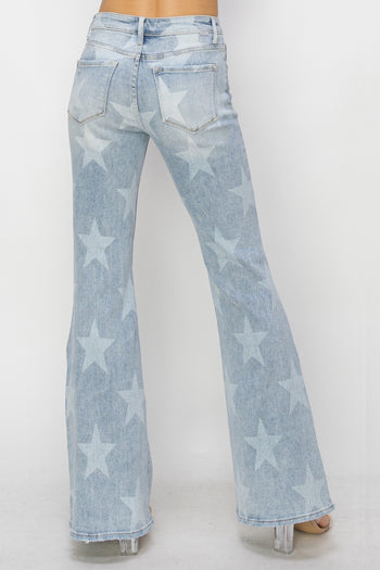 RISEN Mid Rise Button Fly Start Print Flare Jeans Trendsi