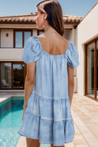 Square Neck Puff Sleeve Denim Dress Trendsi