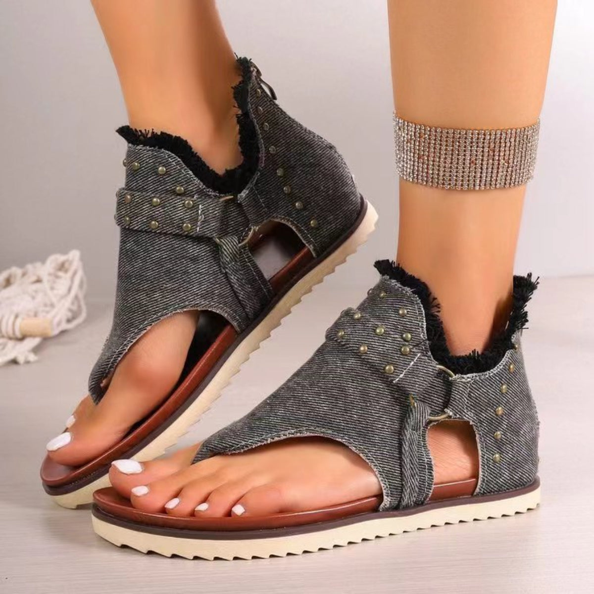 Studded Raw Hem Flat Sandals Casual Chic Boutique