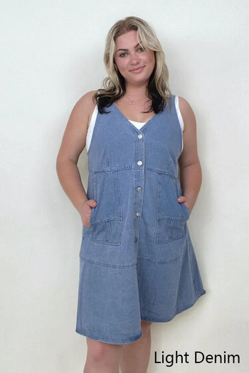 Davi & Dani Button Front Adjustable Strap Denim Dress Kiwidrop