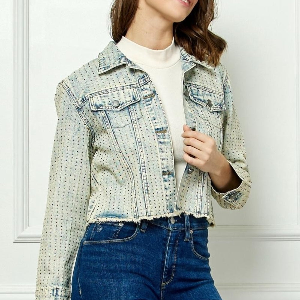 Veveret Multi Color Stripe Rhinestone Raw Hem Denim Jacket