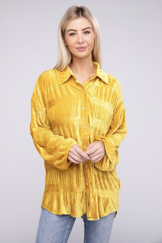 Wrinkle Effect Tiered Shirring Velvet Shirt BiBi