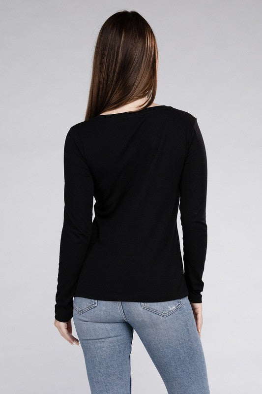 Cotton V-Neck Long Sleeve T-Shirt ZENANA