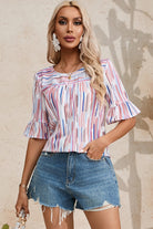 Printed Round Neck Flounce Sleeve Blouse Trendsi