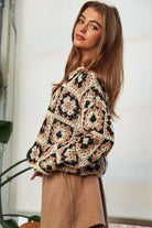 Crochet Patchwork Round Neck Pullover Sweater Top Davi & Dani