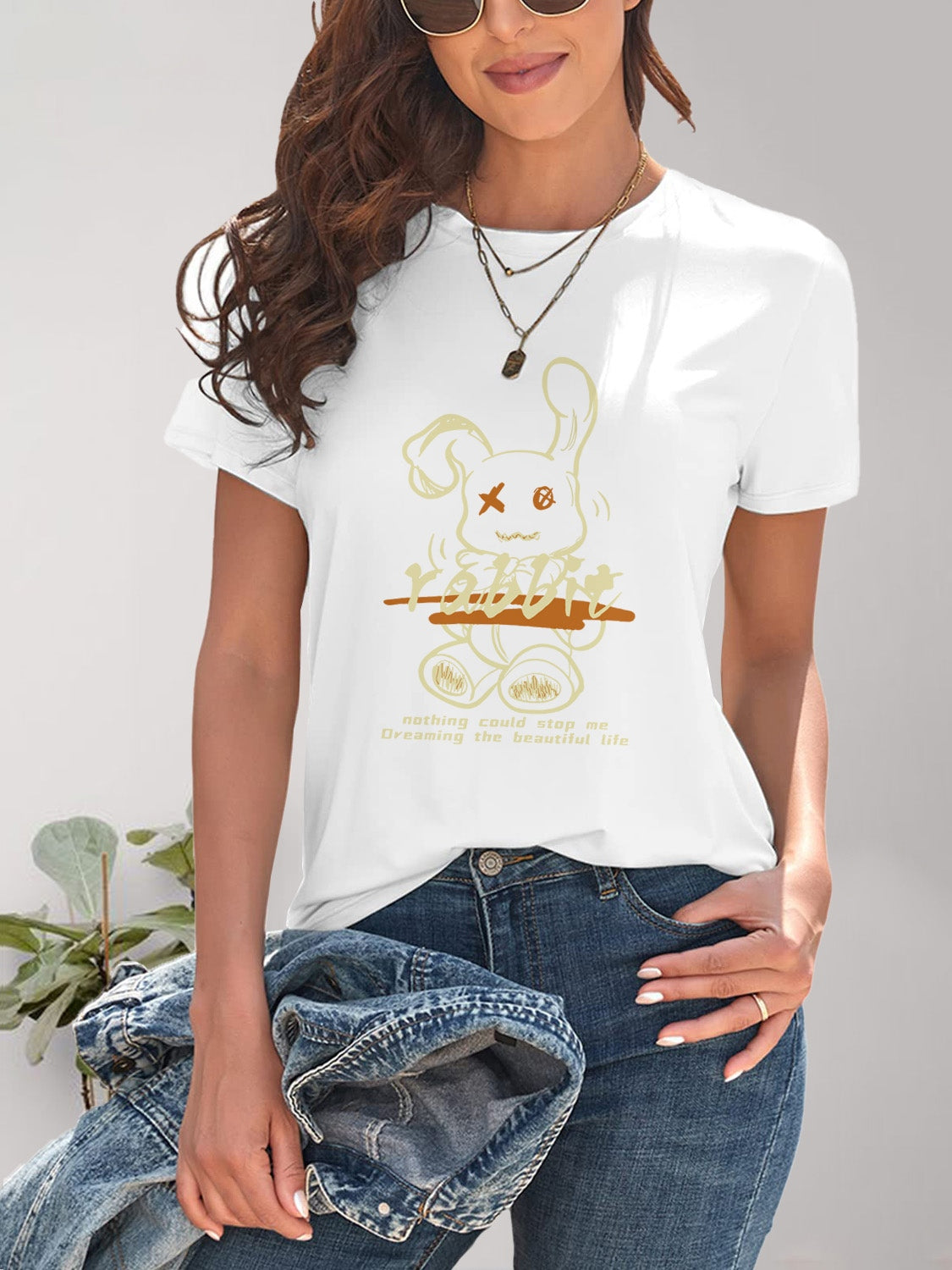 Rabbit Graphic Round Neck Short Sleeve T-Shirt Trendsi