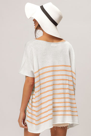 BiBi V Neck Striped Short Sleeve Top Trendsi