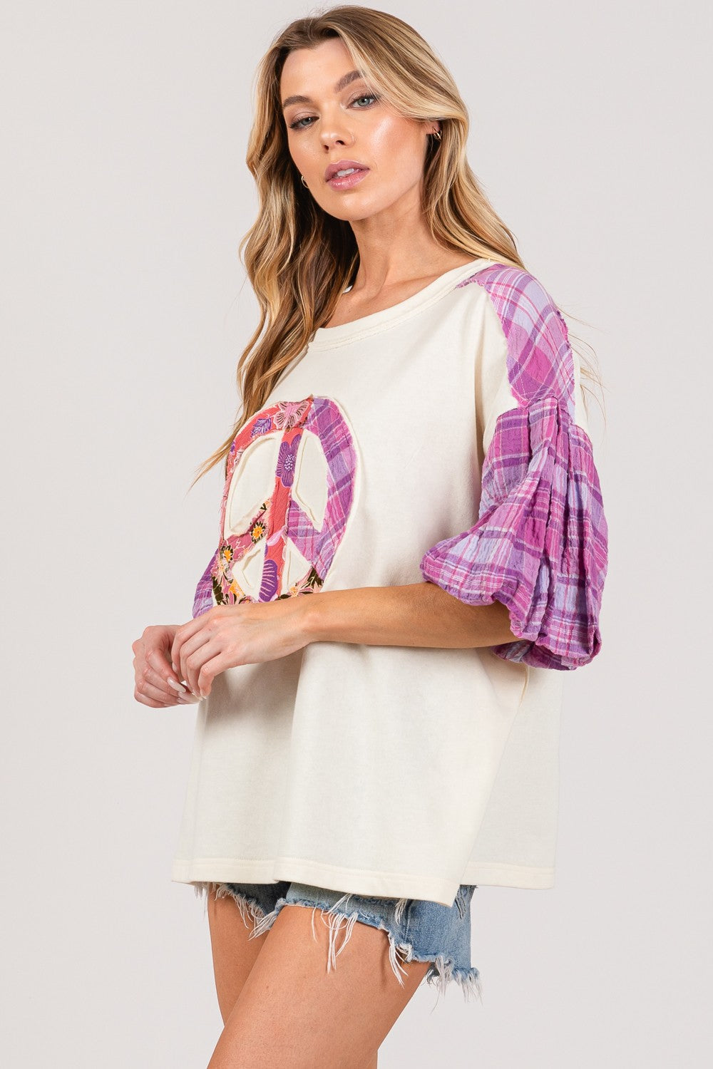 SAGE + FIG Full Size Peace Applique Patch with Plaid Contrast Top Trendsi