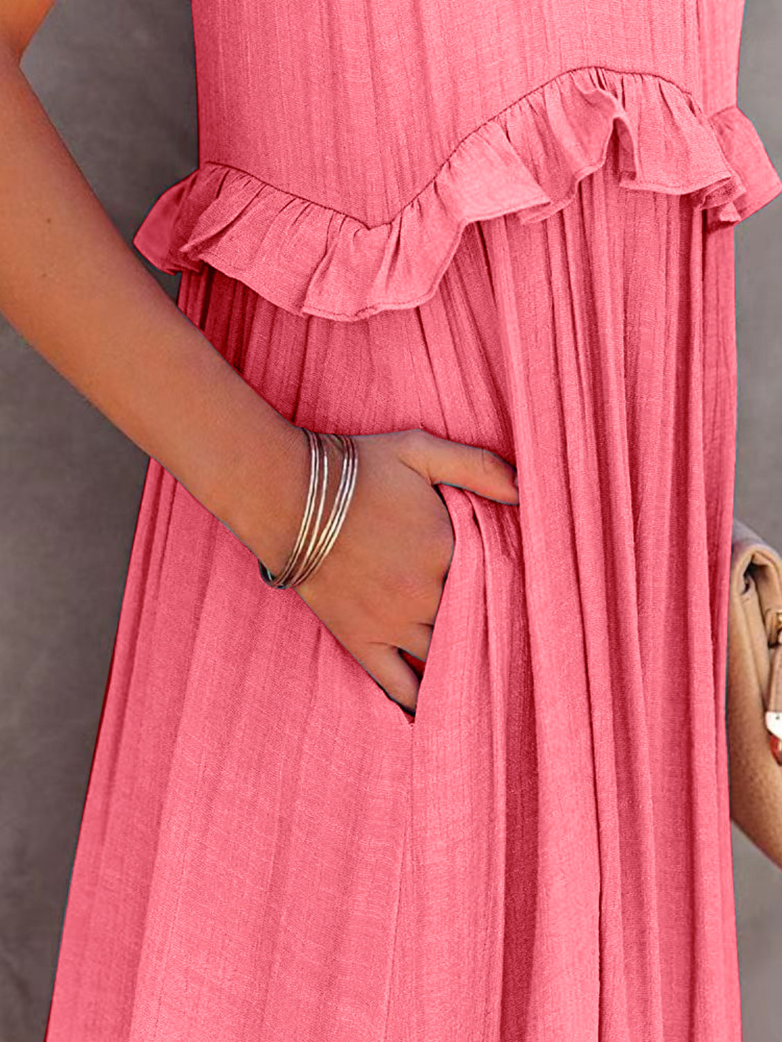 Ruffled Sleeveless Maxi Dress with Pockets Trendsi