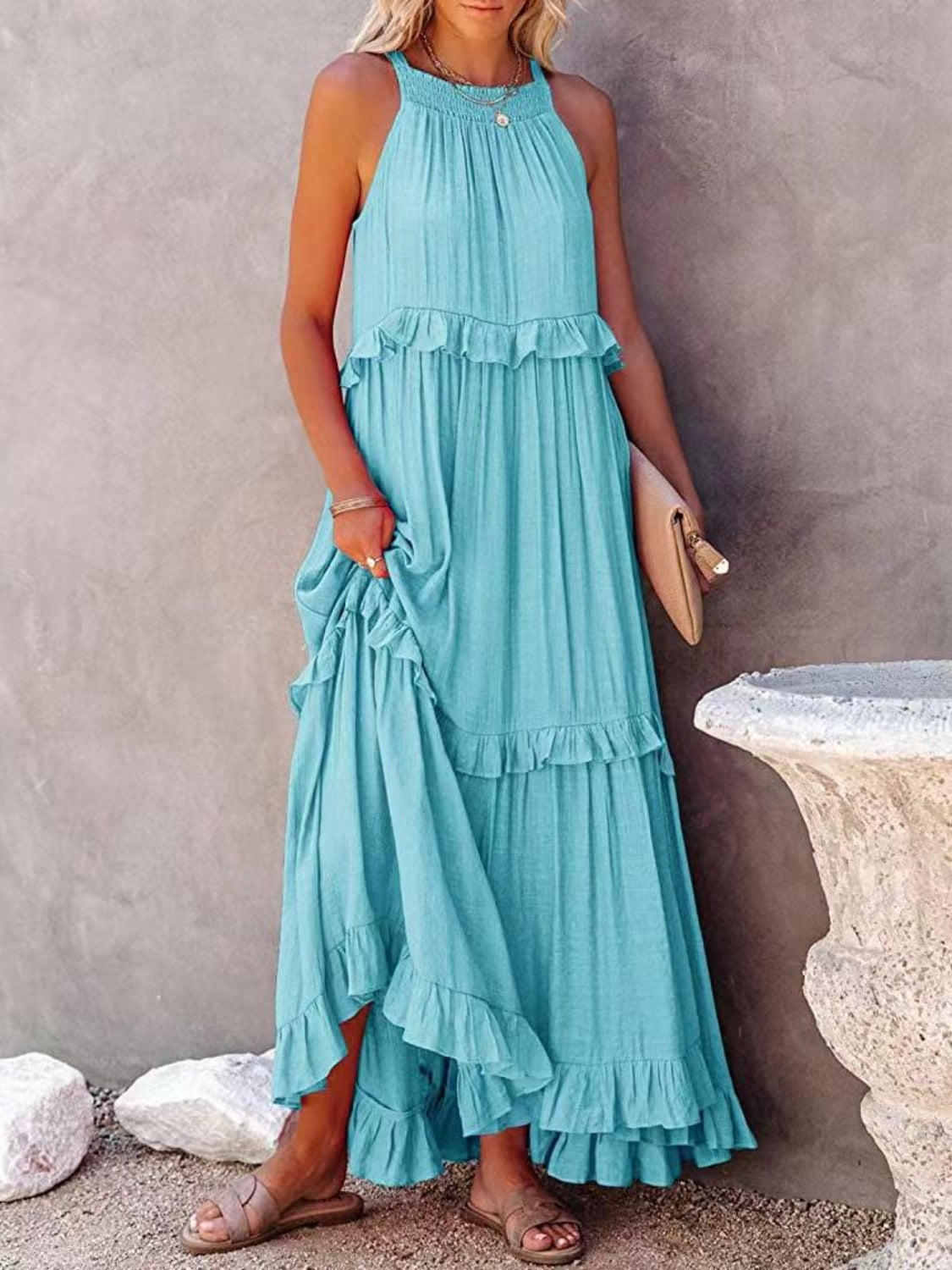 Ruffled Sleeveless Maxi Dress with Pockets Trendsi