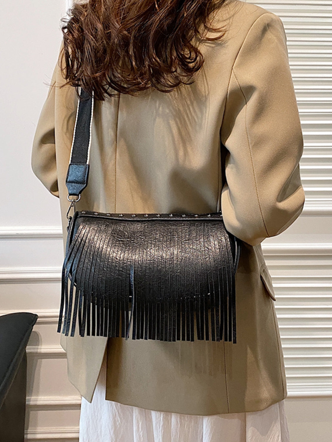 PU Leather Fringe Studded Crossbody Bag Trendsi