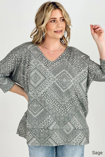 BiBi Aztec Print French Terry V Neck Top Kiwidrop