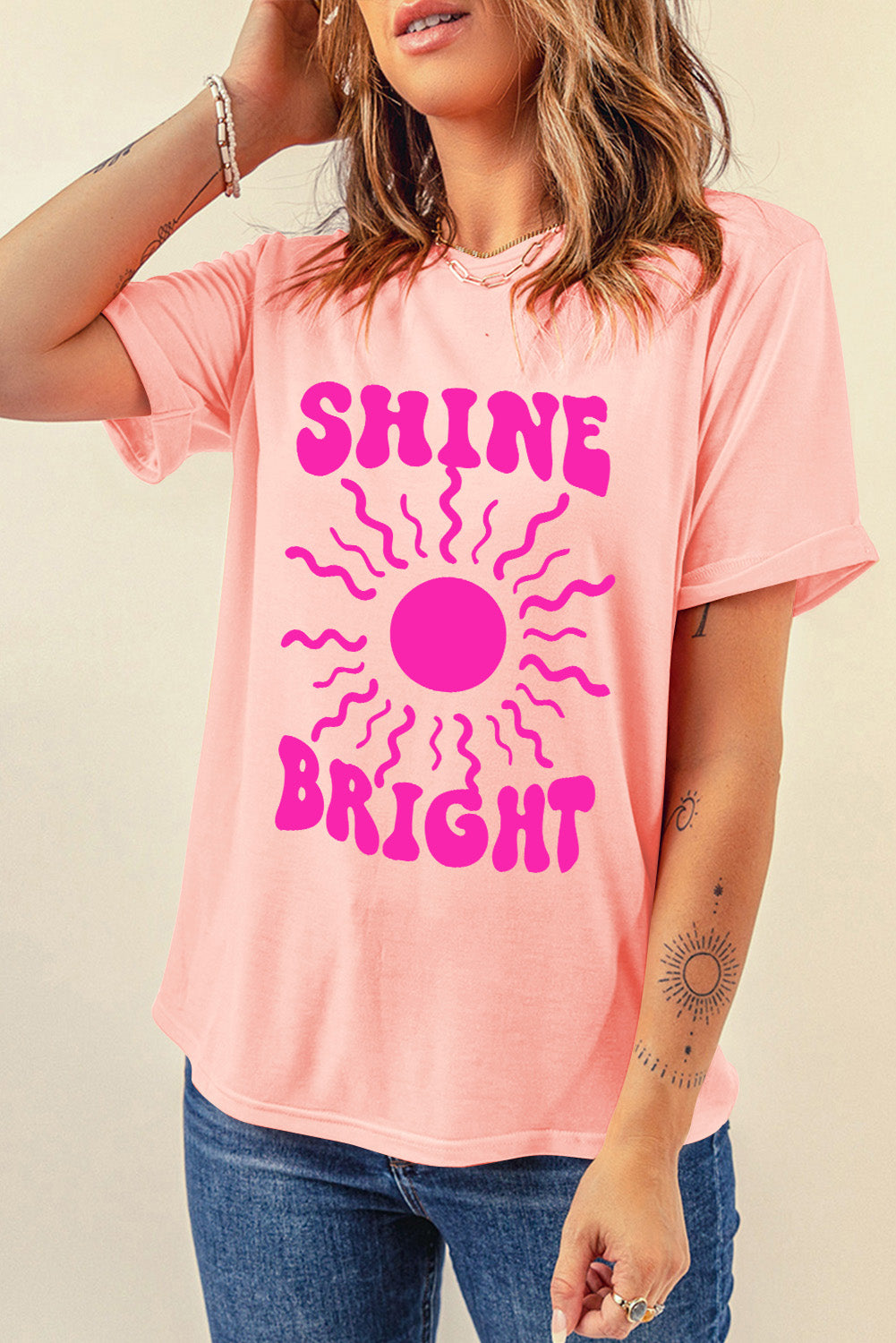 SHINE BRIGHT Round Neck Short Sleeve T-Shirt Trendsi