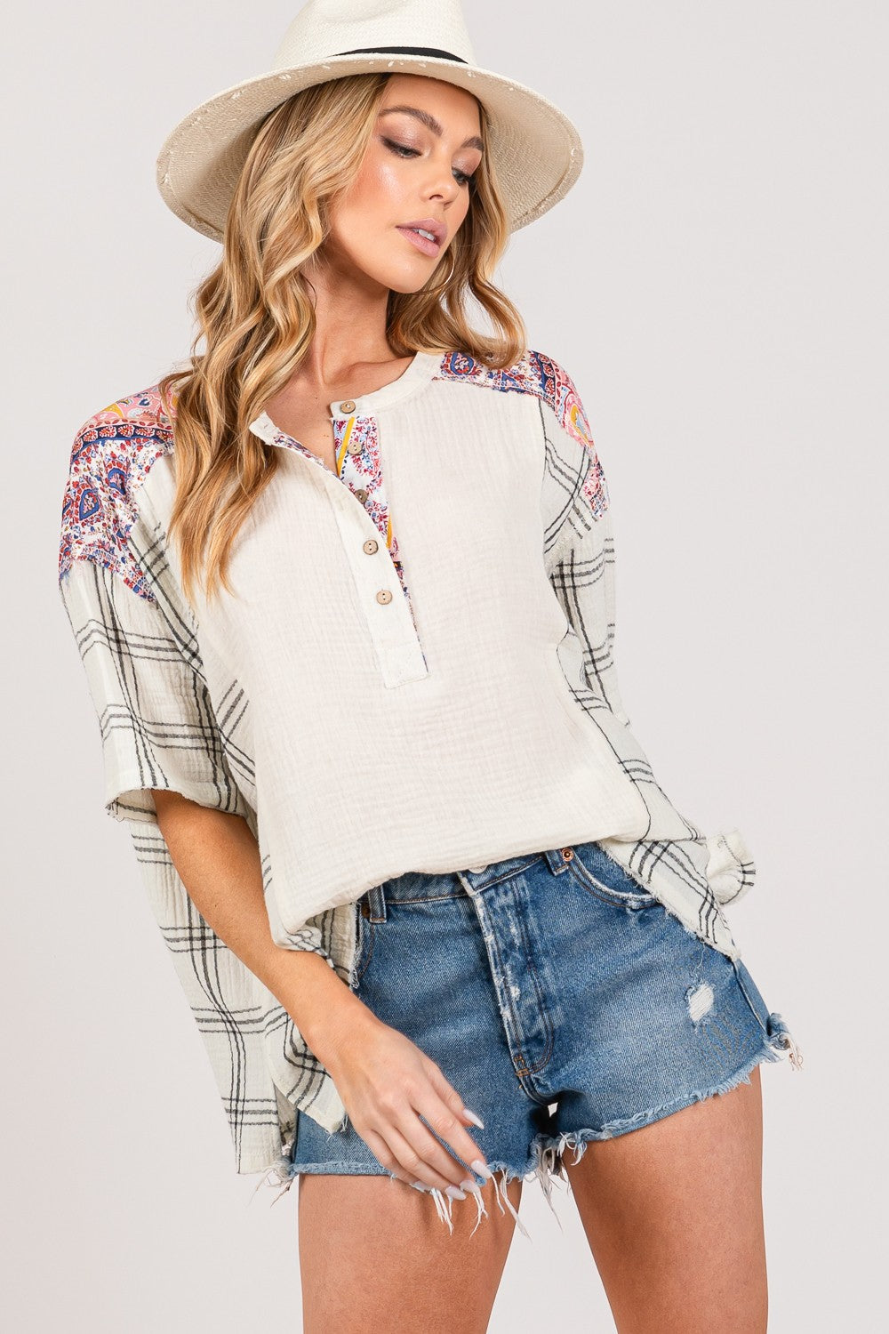 SAGE + FIG Plaid Half Button Gauze Top Trendsi