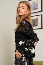 Crochet V Neck Long Sleeve Knit Sweater Top Davi & Dani