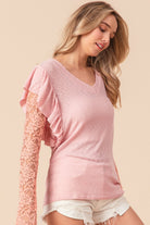 BiBi Ruffled Lace Sleeve Rib Knit Top Trendsi