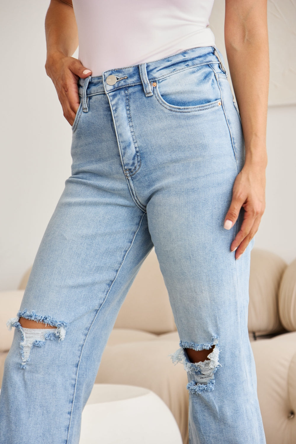 RFM Full Size Tummy Control High Waist Raw Hem Distressed Jeans Trendsi
