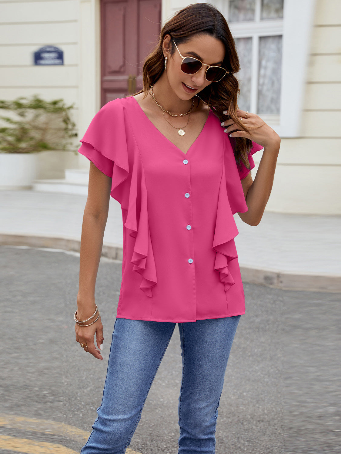 Ruffled V-Neck Short Sleeve Top Trendsi