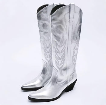 Silver Cowboy Boots Mid Calf Metallic Embroidered Western Style Fashionella