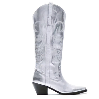 Silver Cowboy Boots Mid Calf Metallic Embroidered Western Style Fashionella