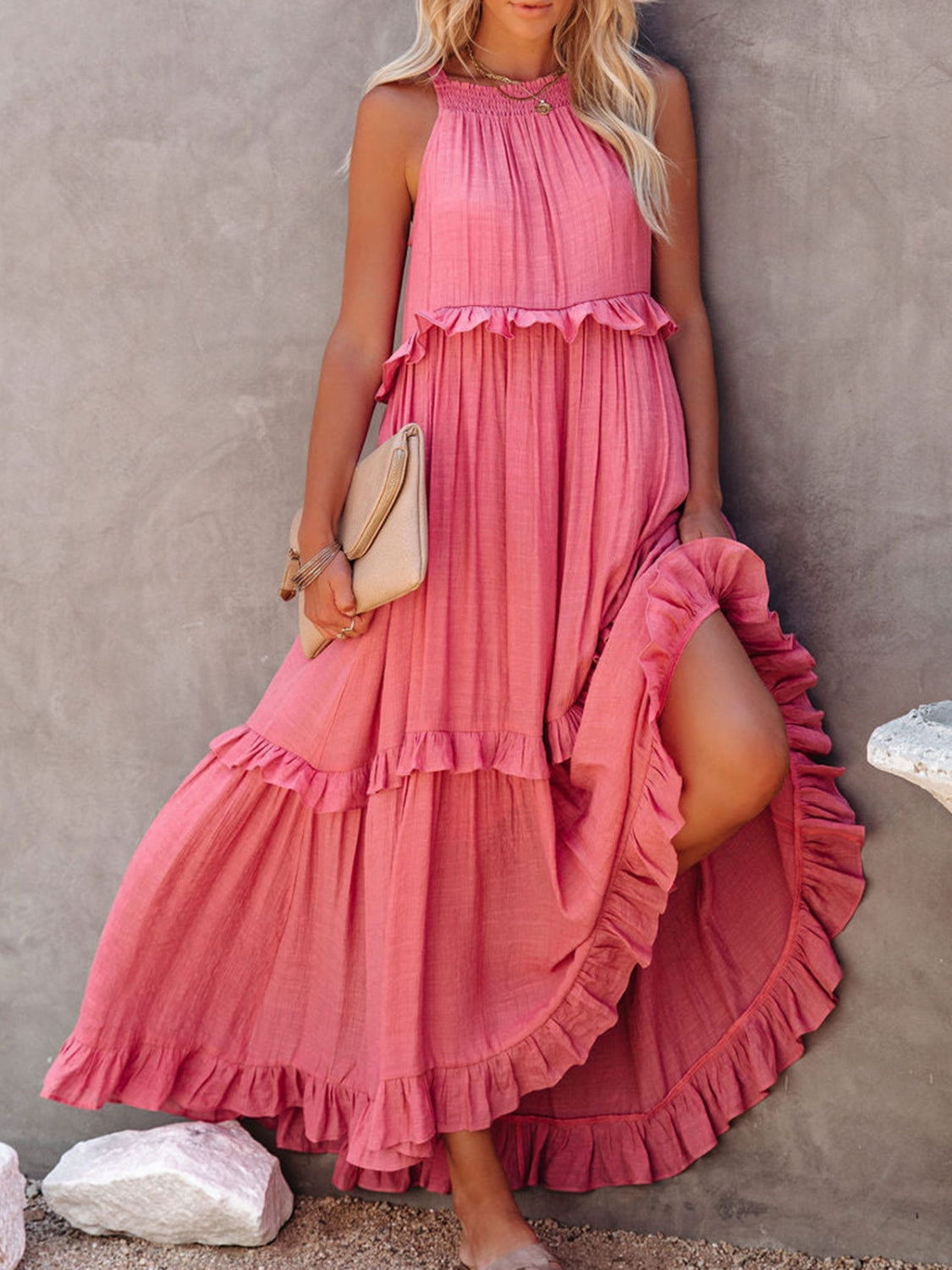 Ruffled Sleeveless Maxi Dress with Pockets Trendsi