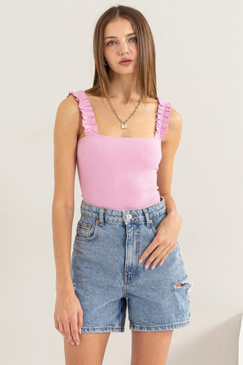 Ribbed Ruffle Strap Bodysuit HYFVE