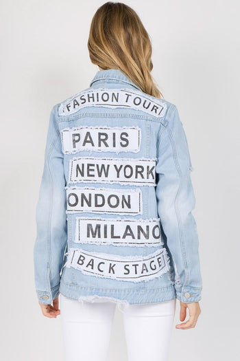 American Bazi Letter Patched Distressed Denim Jacket Trendsi