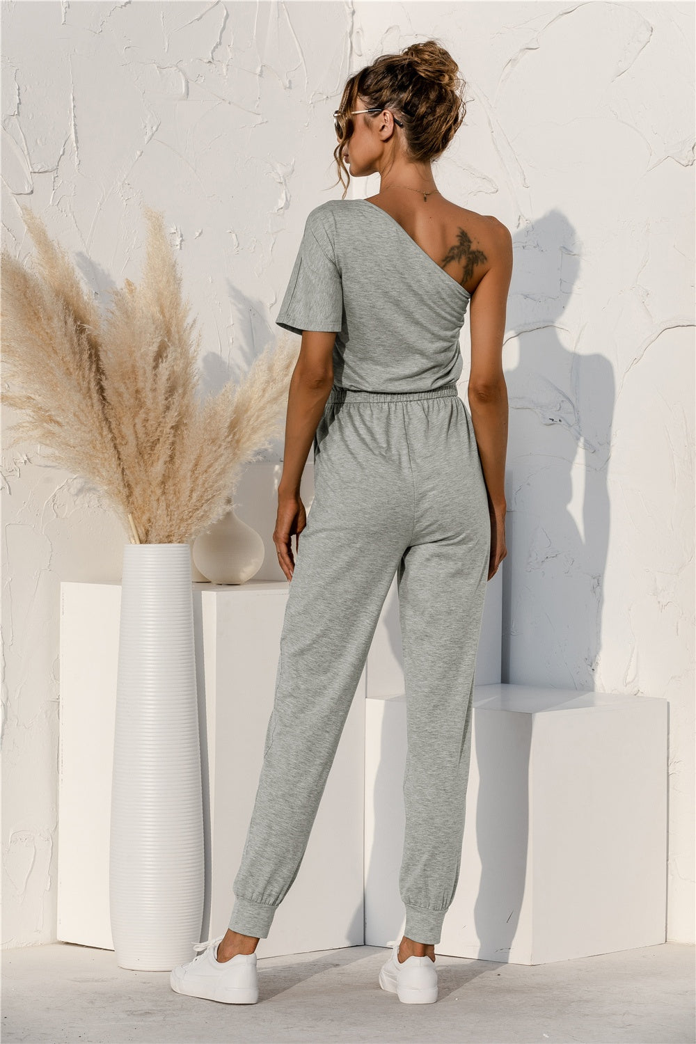 Single Shoulder Short Sleeve Jumpsuit Trendsi