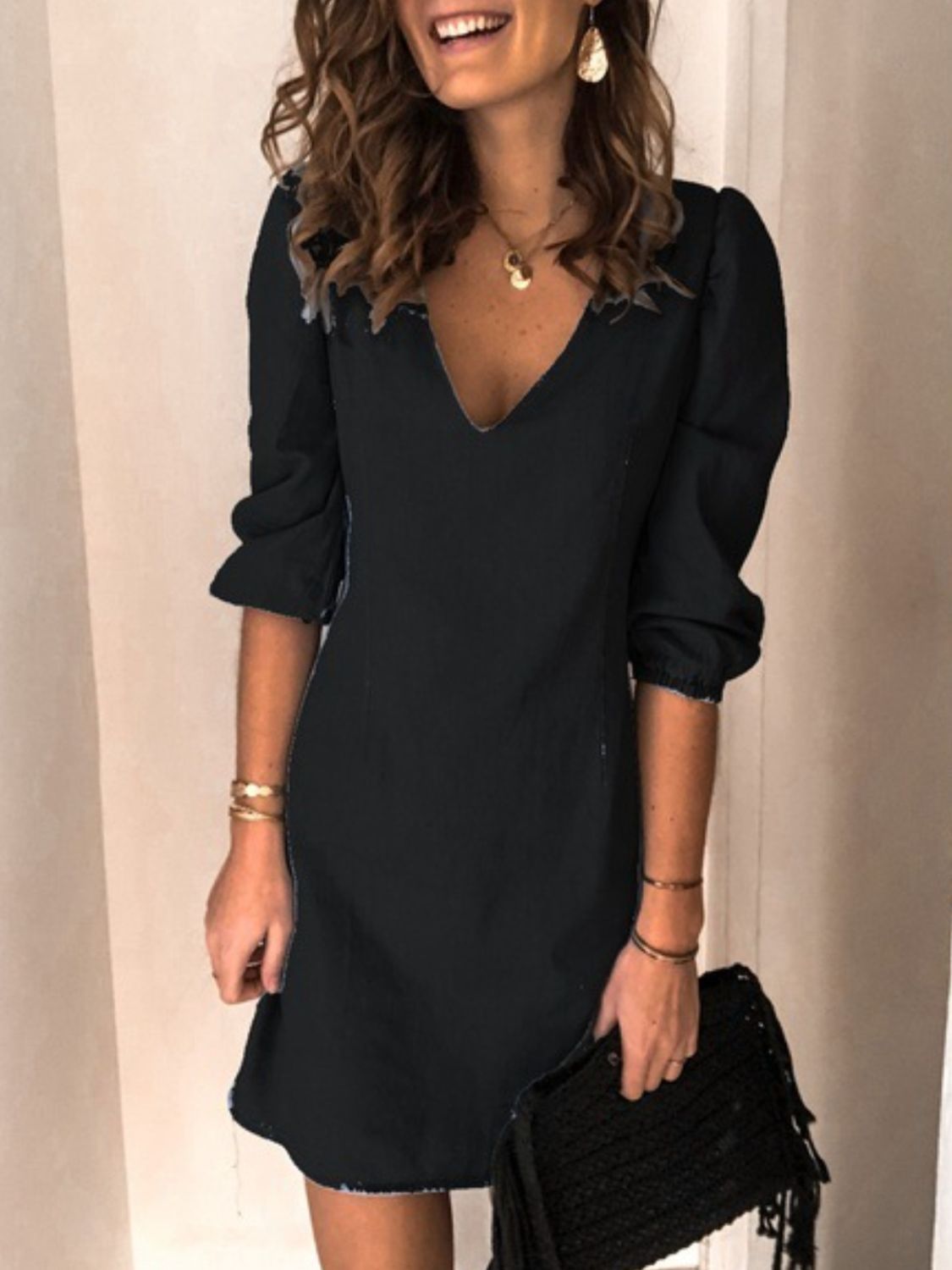 Full Size V-Neck Half Sleeve Denim Dress Trendsi