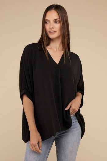 Woven Airflow V-Neck Puff Half Sleeve Top ZENANA