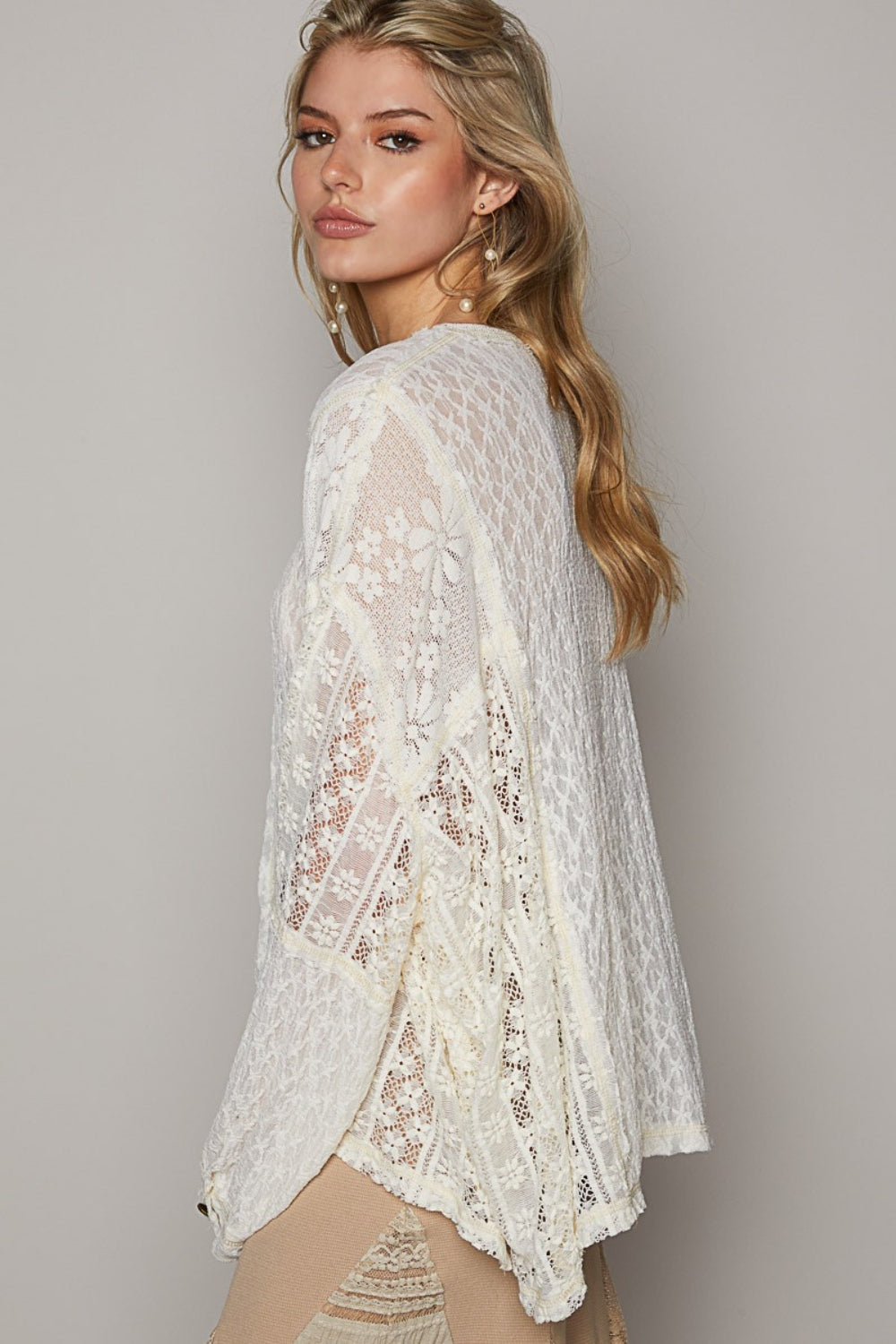 POL Round Neck Long Sleeve Raw Edge Lace Top Trendsi