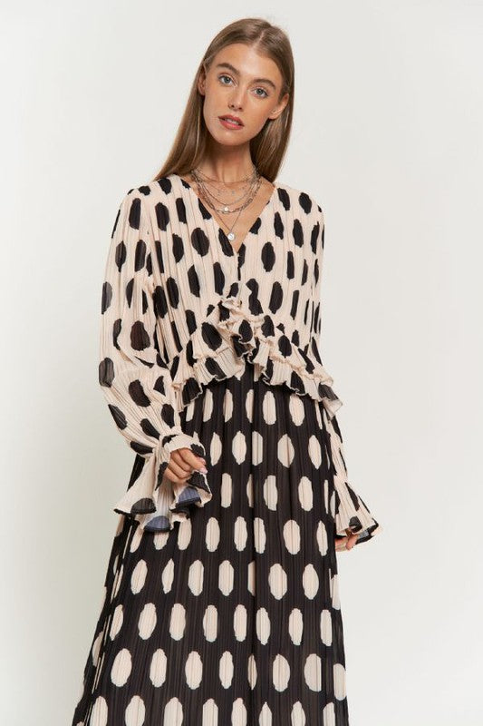 Polka Dot Ruffled Long Sleeve Pleated Maxi Dress Davi & Dani