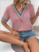 Full Size V-Neck Short Sleeve Blouse Trendsi